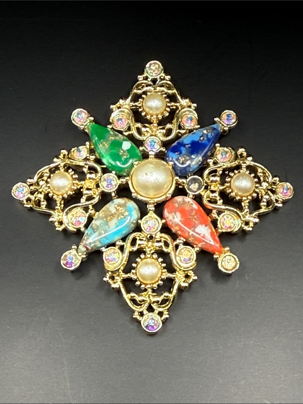 Sarah Coventry Galaxy Multi-Color Gemstone & Faux Pearl Filigree Brooch